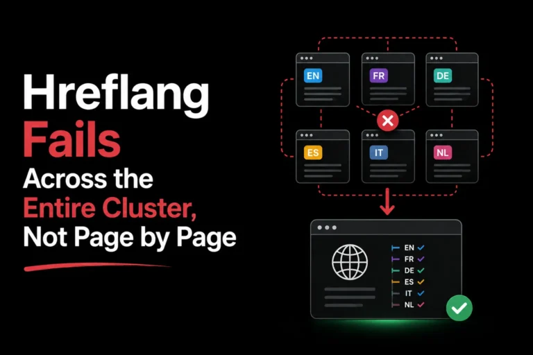 Hreflang implementation failure across an entire multilingual website cluster, showing broken language-page connections and corrected regional annotations.
