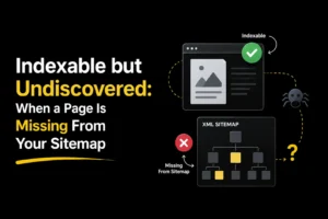 Indexable but undiscovered page missing from an XML sitemap despite being available for search engine indexing.