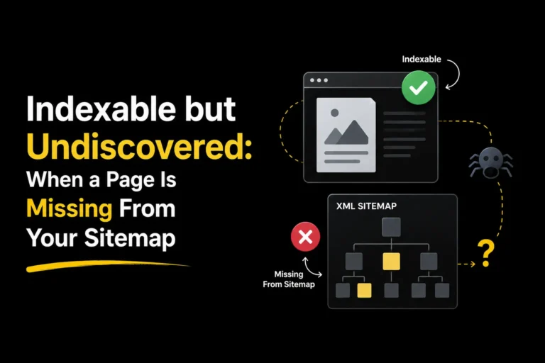 Indexable but undiscovered page missing from an XML sitemap despite being available for search engine indexing.
