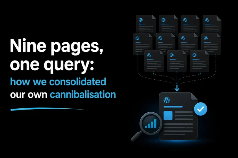 Keyword cannibalisation case study showing nine competing WordPress pages consolidated into one authoritative page for a shared search query.