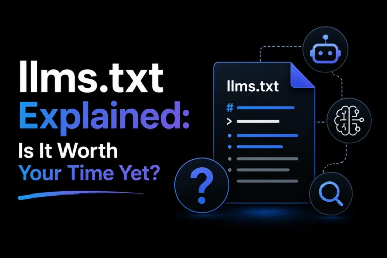 llms.txt explained with an AI-readable site file, chatbot, search and question icons.