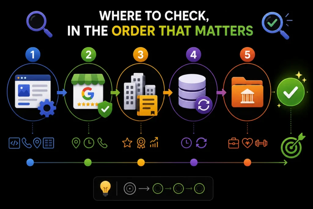 Local SEO citation audit order showing website, Google Business Profile, major directories, data aggregators, and industry directories