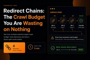 Redirect chains wasting crawl budget through multiple 301 hops before reaching the final URL.