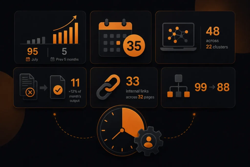 Content publishing case study dashboard showing 95 posts, 35 publishing days, topic clusters, internal links, and performance changes.