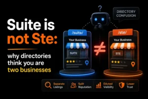 Suite versus Ste address abbreviation causing directory listing confusion, duplicate business profiles, split reputation, and lower local SEO visibility