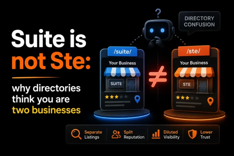 Suite versus Ste address abbreviation causing directory listing confusion, duplicate business profiles, split reputation, and lower local SEO visibility