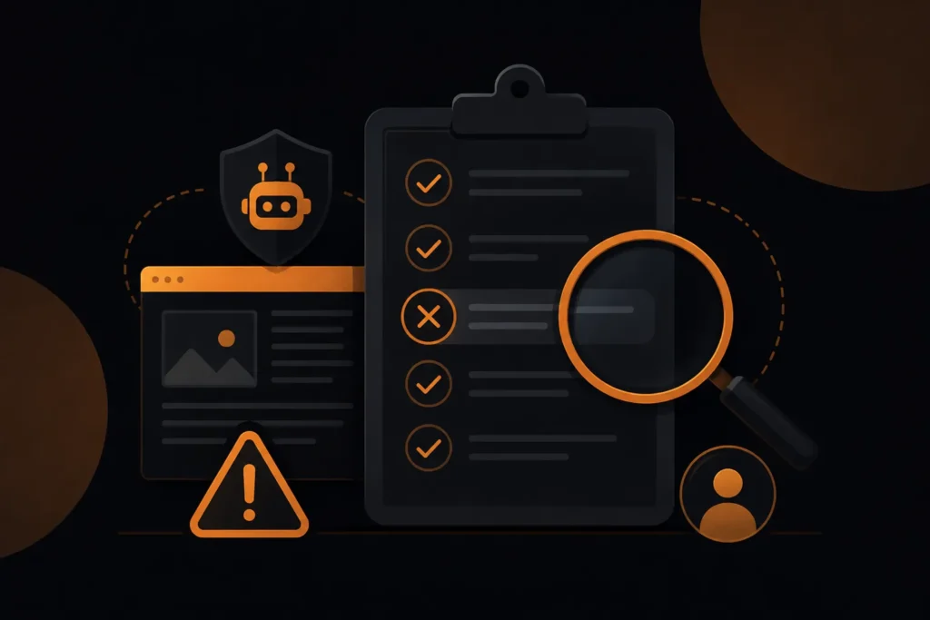 Website attribution audit showing missing author details, incomplete checks, AI review, and content credibility warnings.