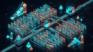 Digital platform dashboard showing connected data panels, analytics, workflows, system monitoring, and real-time information management.