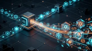 Secure digital platform infrastructure showing server connections, encrypted data flow, APIs, and backend system architecture.
